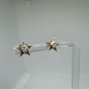 Vintage 14K Yellow Gold White Gold Two Tone Star Stud Earrings w/ Tiny Diamonds